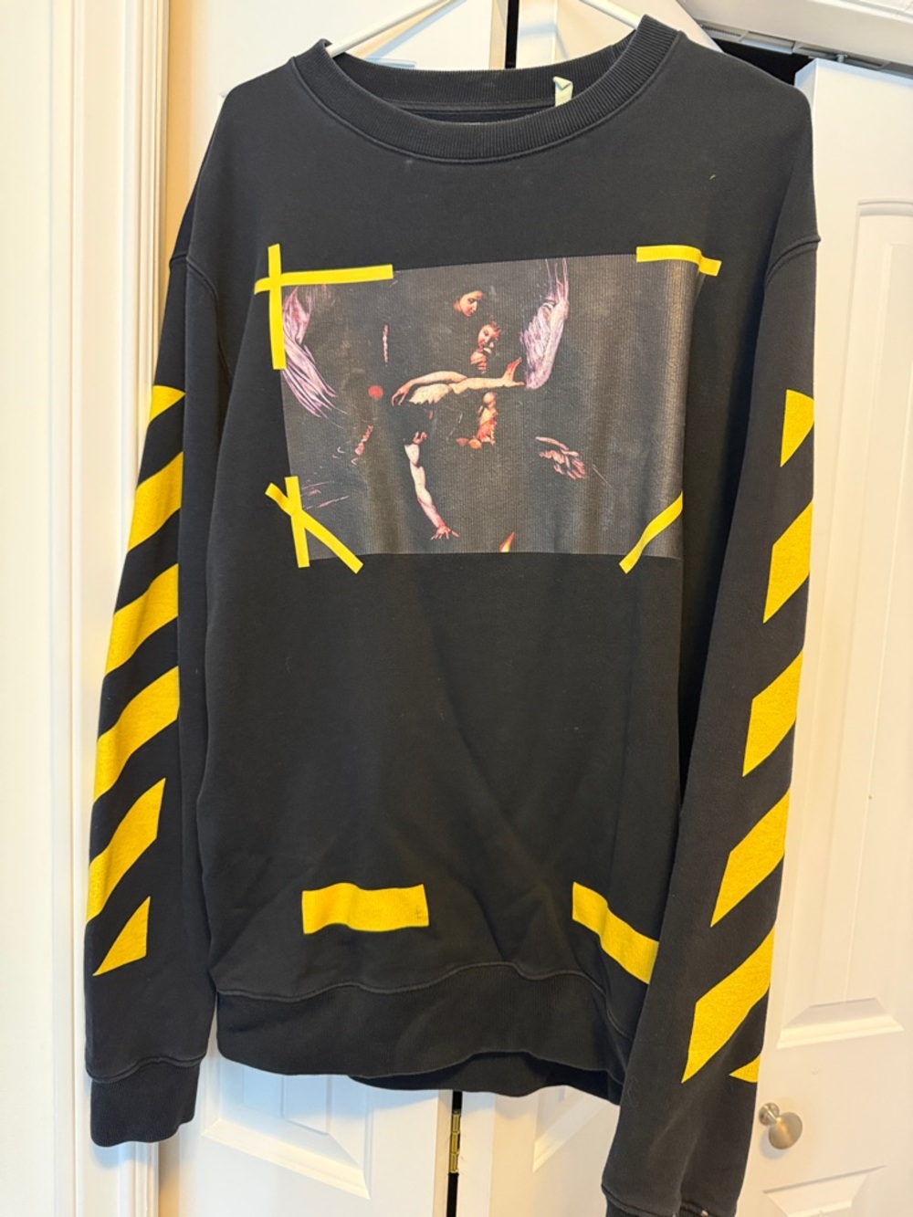 Off-White Black Crewneck Sweatshirt with Yellow Graphic Stripes